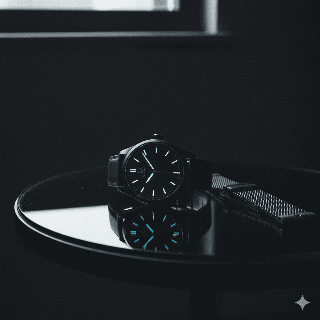 Penumbra watch on a mirrored tray